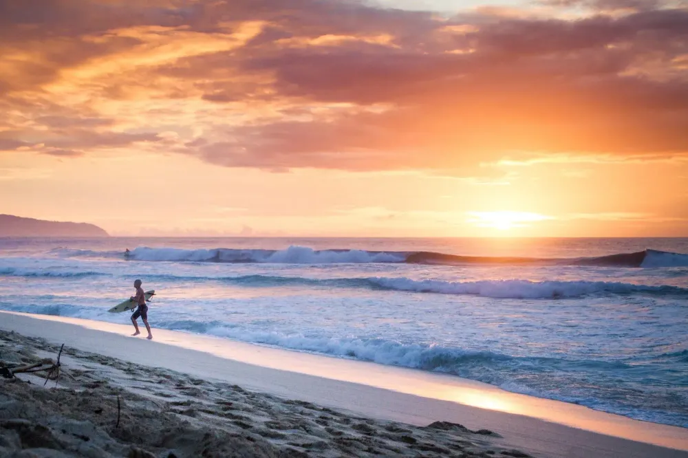 surfer on beach at sunset in Hawaii